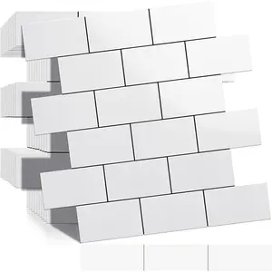 10-Sheet Polished White Thick PVC Peel and Stick Backsplash, Ceramic Look Subway Tile White Kitchen Peel and Stick Wall Tiles
