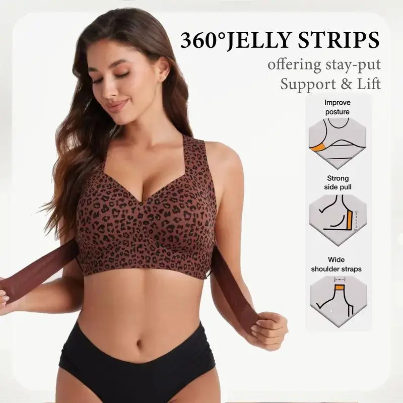 Women's Leopard Print Jelly Feel Bralette - Breathable Mesh Wireless Bra with Wide Adjustable Shoulder Straps, Removable Pads, Strong Side Pull Support, Posture Improvement, V-Neck Push Up Design, Ideal for Labor Day (Breathable Bras for Women)