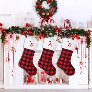 20 inches Large Initial Monogram Christmas Stocking Red Black Buffalo Plaid Personalized Christmas Stockings with Embroidered Letters Initial Christmas Stockings for Xmas Holiday Fireplace Decor (M)