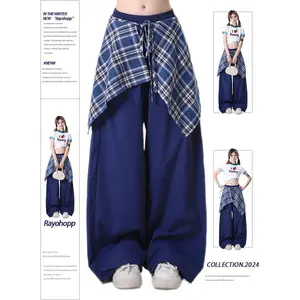 Y2k casual pants women's autumn American retro contrasting color plaid skirt design loose dancing straight pants tide Womenswear Bottom