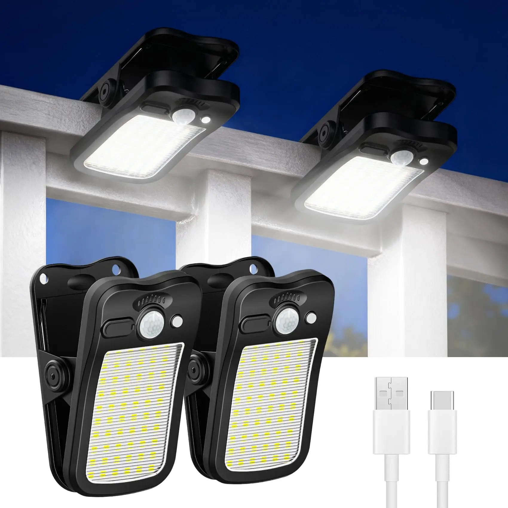 2/4 Pack Clip On Solar Lights Outdoor Light,60 LED Solar Fence Light with Motion Sensor & 3 Modes, Dual Charging,Portable Waterproof Security Light forGarden, Patio, Yard, Camping