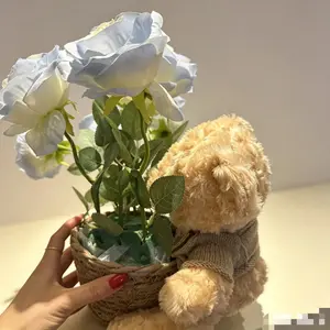 Cute Teddy Bear Ice Blue Rose Artificial Flower Basket, Romantic Home Decor Ornament, Sweet Gift for Valentine's Day, Birthday, Wedding