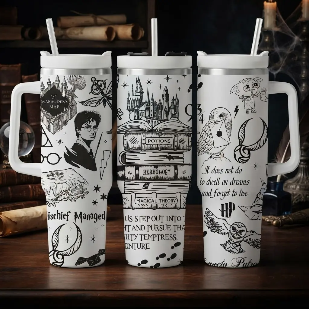 Wizard School Elements 40oz Tumbler with Handle and Straw, Marauder's Map & Quote Travel Mug, Insulated Stainless Steel Cup