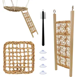 Hermit Crab Climbing Toys Set - Seagrass Hammock and Reptile Climbing Ladder with Small Brush, Hermit Crab Accessories for Tank and Aquarium Decoration