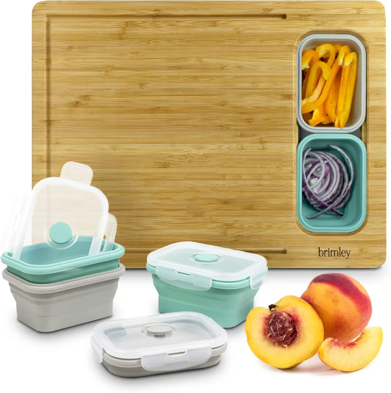 Lightweight Bamboo Wood Cutting Board Set - Kitchen Chopping Board with Food Storage Containers and Lids, Over-Edge Hanging Design, Anti-Slip ft, Stylish Home Kitchen Gadget Wooden, Handles