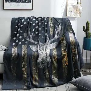 USA Camo Buck Deer Flag Hunting Blanket Throws Gift for Men,Super Soft Cozy Warm Blanket for Couch Chair Bed Sofa Office,60"X80"for Adult, Printed on One Side with a Plain White Back, Halloween Thanksgiving Christmas Gift
