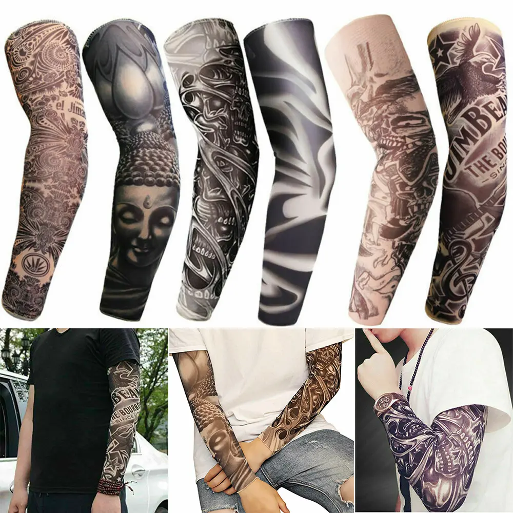 Unisex Nylon Blend Arm Compression Sleeves - 6-Piece, UV Sun Protection, Cooling, Hollow Cuffs, Durable, Temporary Tattoo Covers for Basketball, Golf, 6 Pieces
