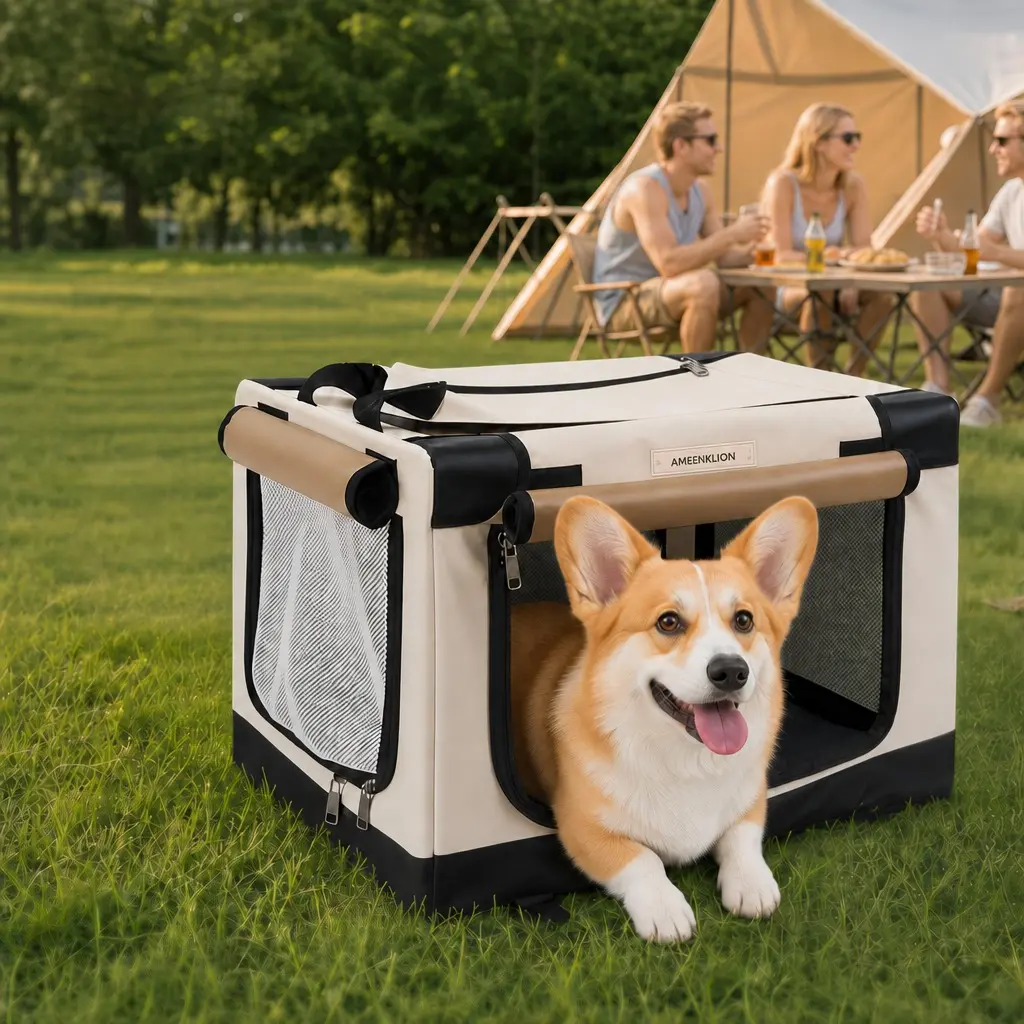 Collapsible Travel Dog Crate for Small or Medium Dogs, 20*14*14 Inch, 3-Door Foldable Soft Kennel with Chew-Proof Mesh Windows, Beige