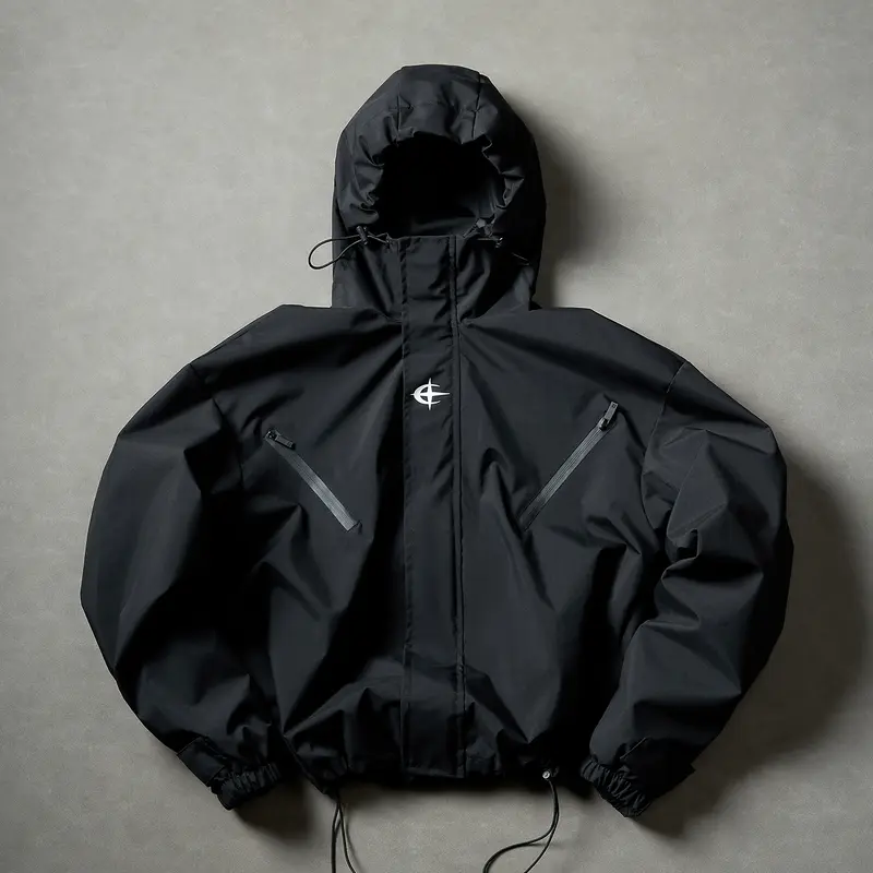 Men's Minimalist Stylish Cropped Solid-Color Embroidered Short Hooded Weather-Resistant Polyester Technical Coat - Adventure Men's Lightweight Jackets, Weather Resistant Jackets & Coats with Cargo Pocket, Drawstring Hem for Outdoor Hiking, Daily Commuting