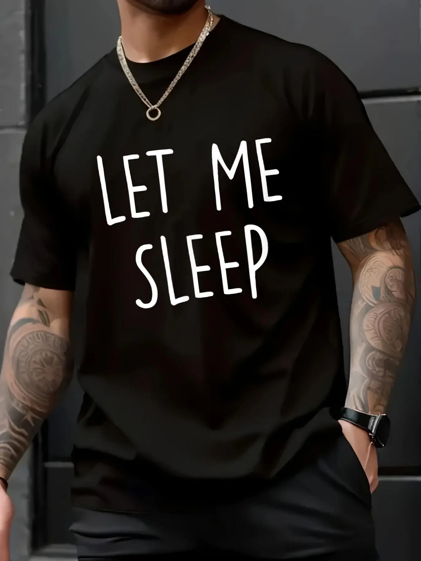 Men's 100% Cotton Crew Neck Short Sleeve T-Shirt - Unisex Loose Fit Humor "Let Me Sleep" Insomnia Graphic Tee, All Seasons Daily Wear for Work, Party, Shortsleeve, Menswear, Round Neck, Soft, Stylish, Top, Tshirt, Humorous Print, Clothes, Casual, Chic, Co