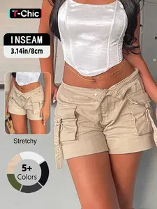 Women's Khaki Comfort Cotton Cargo Shorts, Bottom, High Waist Casual Summer Shorts with Multi Pockets, Utility Streetwear for Daily, Beach & Outdoor, Soft Breathable Fabric, Side Tie Detail, Y2K & Casual Outfit Essential Womenswear