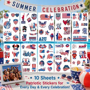 GLAD & HANDY 10 Sheets Waterproof Temporary Tattoos for Adults, Metallic Silver USA Inspired Face and Body Stickers, Patriotic Party Accessories for Summer Celebrations and Events