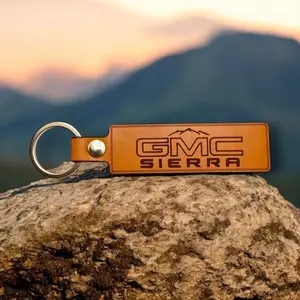 GM Sierra Leather Keychain with "GMC SIERRA" Text, Keyring Attachment, and Durable Leather Material