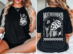 "Motherhood: Sometimes I Rock It, Sometimes It Rocks Me" shirt – a perfect unisex cotton tee or sweatshirt for moms, great for Mother's Day! Casual Fit
