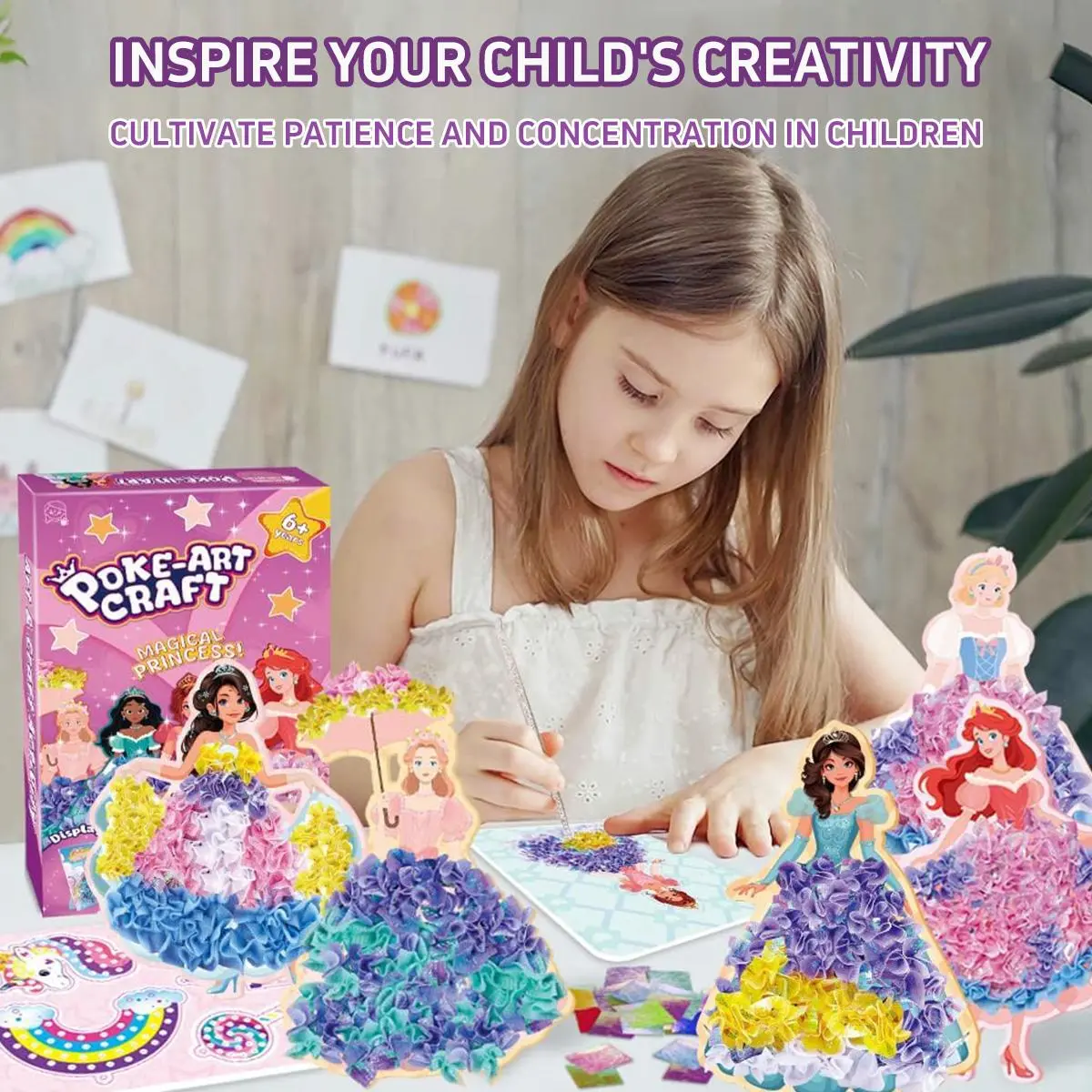 Skillmatics Poke-in Art - Magical Princesses, Mess-Free Fun for Kids, DIY Wood Craft Kits, Creative Activity, Gifts for Girls & Boys Ages 4, 5, 6, 7, 8, 9