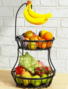 2-Tier Fruit Basket Bowl Stackable Vegetable Storage with Banana Tree Hanger Stand for Kitchen Countertop, Metal Wire Basket for Bread Onions Potatoes Black