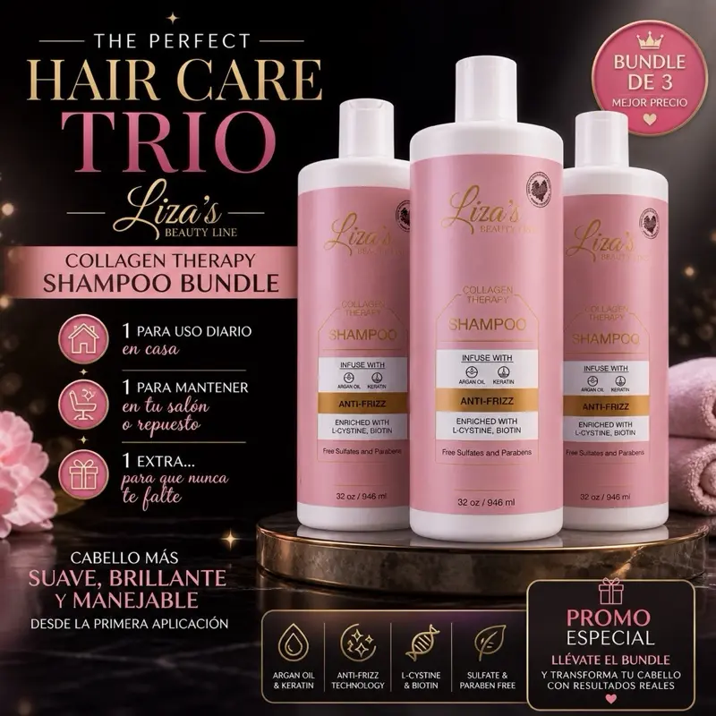 Liza's Beauty Line Trio Shampoo Collagen Therapy Bundle for Daily Use & Salon Maintenance with L-Cysteine & Biotin