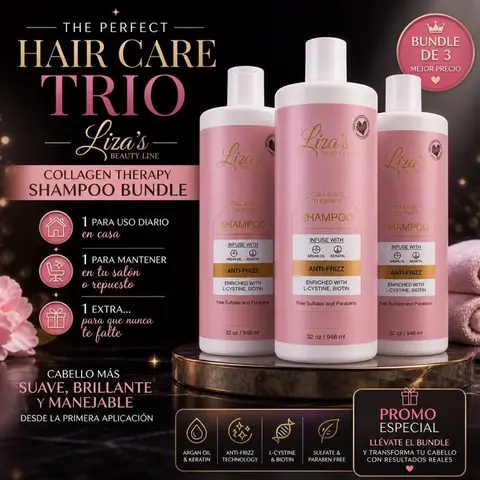 1610- Liza's Beauty Line Trio Shampoo Collagen Therapy Bundle for Daily Use & Salon Maintenance with L-Cysteine & Biotin