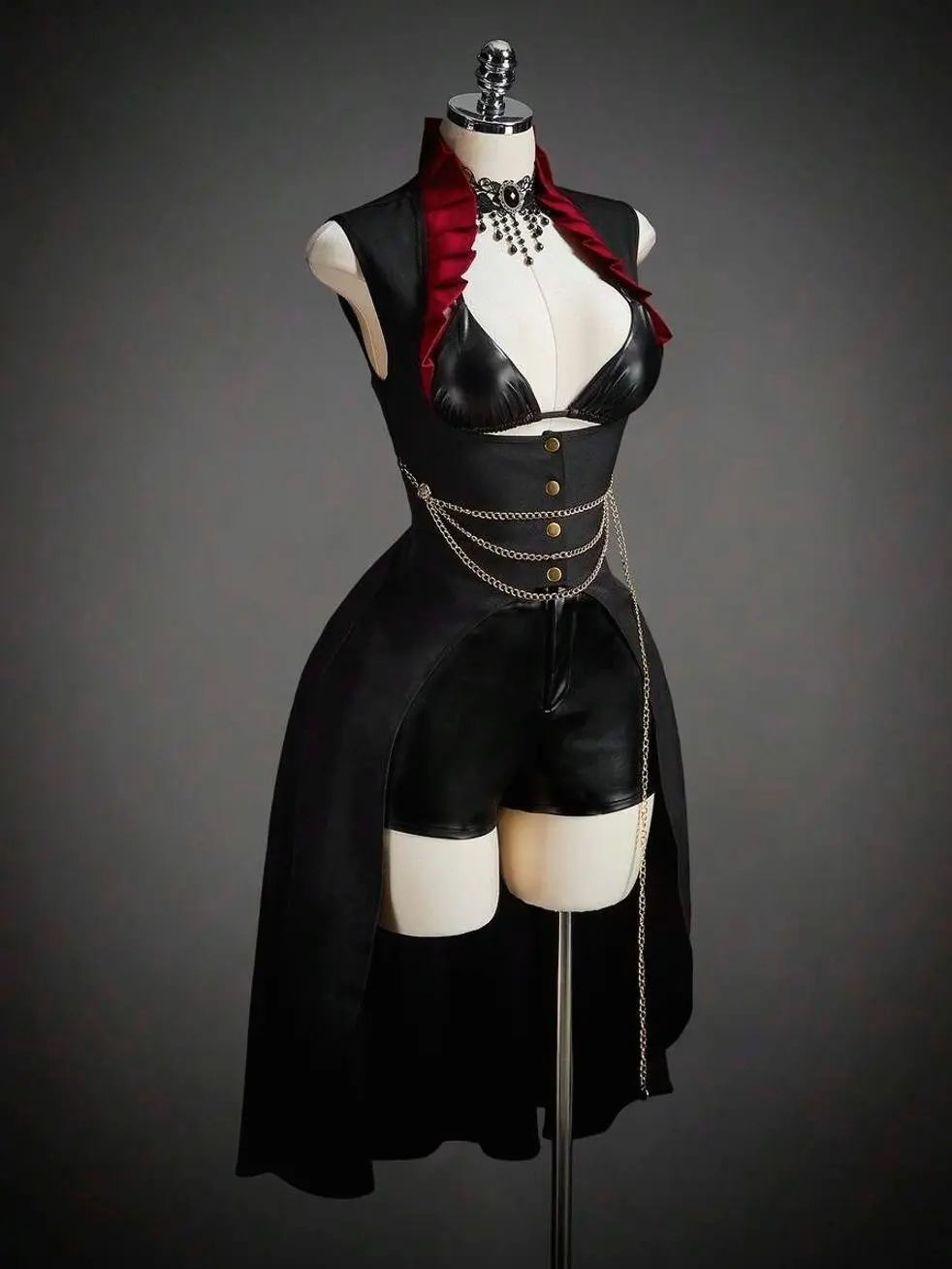 Women's Gothic Corset Halloween Cosplay Top, Black Contrast Color Stand Collar Long Hem Party Outfit