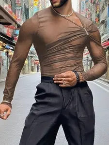 INCERUN Men's Fashion Simple Plain Transparent Deconstructed Metal Buckle Fitted Long Sleeve T-Shirt, Perfect for Daily Casual Wear, Stylish and Comfortable, Streetwear