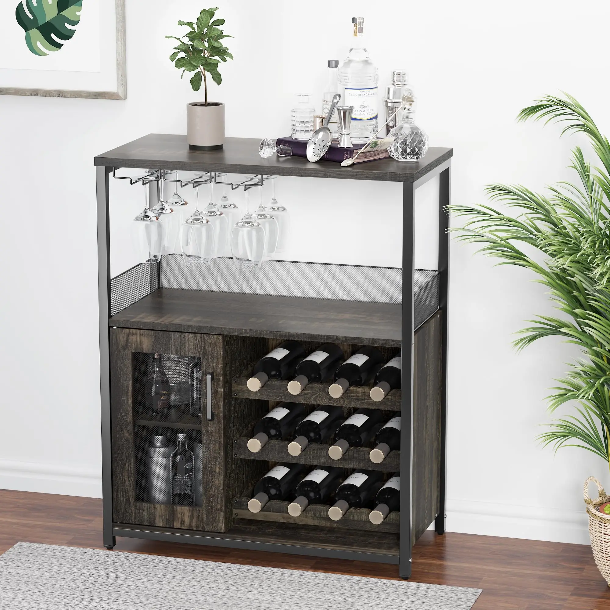【GARVEE】3-Level Wine Bar Cabinet with Removable Wine Storage, Glass and Mesh Doors, Dark Wood Finish - Ideal for Kitchen, Living Room, and Bar