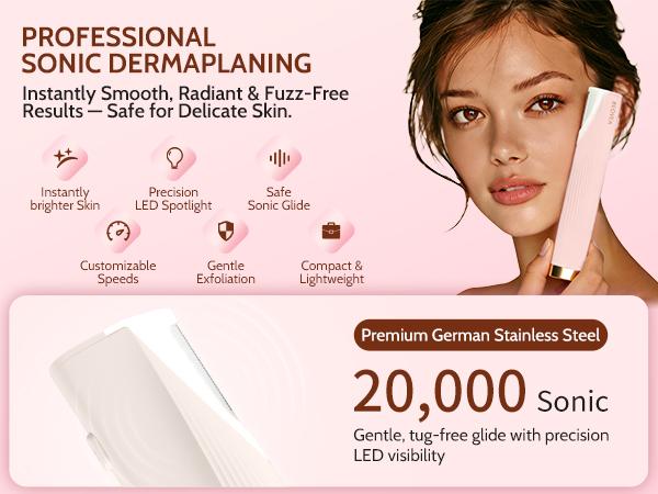 Sonic Dermaplaning Tool for Face, Rechargeable Peach Fuzz Remover with LED Light, 3-Speed Vibration for Smooth Radiant Skin, 6 Replacement Blades, Electric Facial Hair Removal Tool for Women, Exfoliating Face Shaver for Glowing Skin