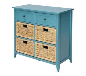 HomeRoots 30" Teal Wood and Water Hyacinth 6-Drawer Cabinet