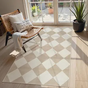 Checkered 3x5 Washable Area Rug Bedroom, Non Ultra Thin Beige Entryway Rug Non Shedding Trellis Rug 3x5, Moroccan Neutral Soft Throw Carpet Bathroom Office Nursery (3'x5') stone  bath