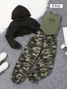 Trendy 3-Piece Camo & Butterfly Set, Layered Crop Hoodie + Tank + Joggers, Cool Street Fashion for Girls, Stylish for Everyday Wear
