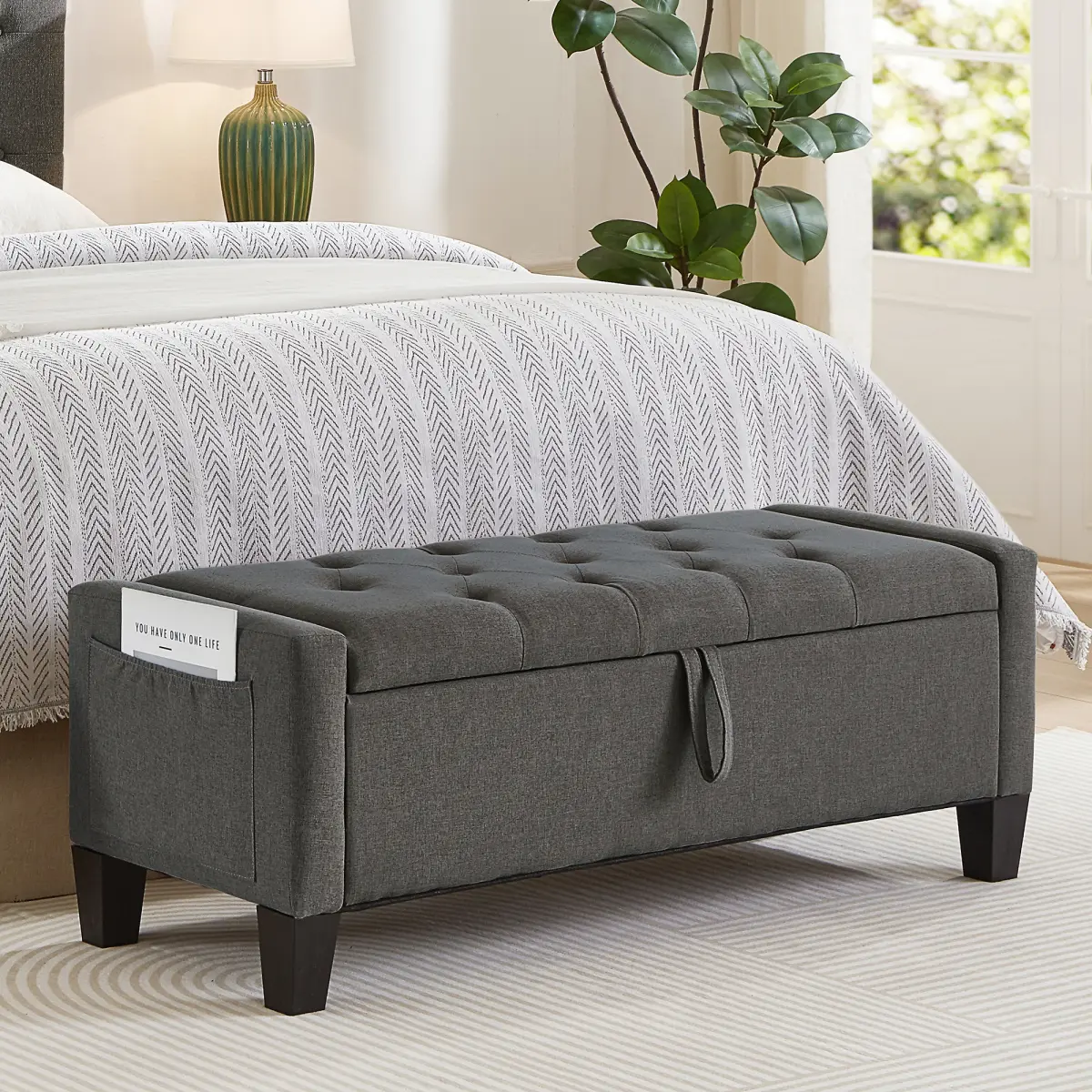 Dark Gray Linen Modern Storage Ottoman Bench - Diamond Stitch, Button Tufting, Wood Frame, Safety Hinge, 350 lbs Weight Capacity, Assembly Required, 45"l x 17"w x 17"h, 17" Seat Height, No Single Box Product, for Bedroom, Living Room