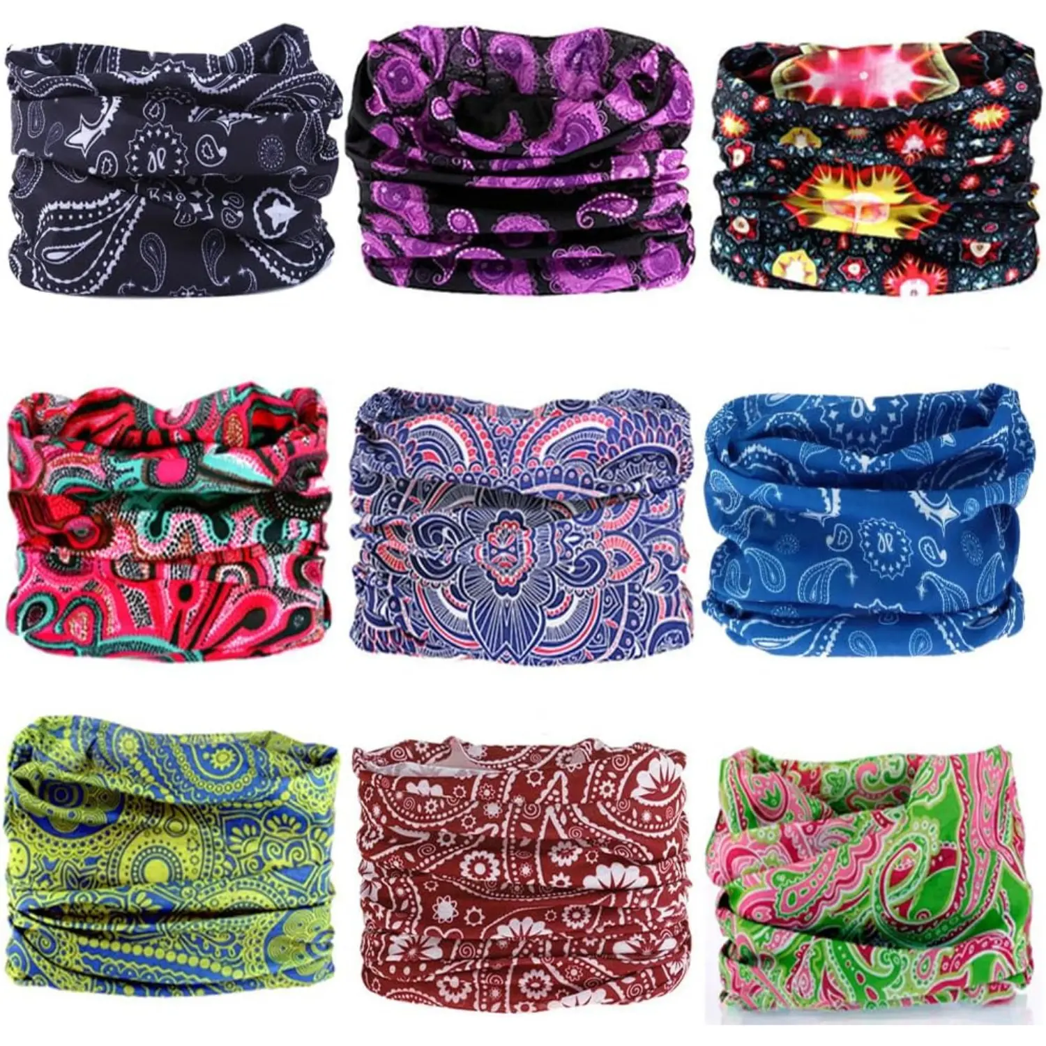Unisex 9-Pack Stretchable Microfiber Neck Gaiter Face Cover, Assorted Prints Multi-Season Tube Scarf Headband for Running, Cycling, Outdoor Sports (UPF 30+)
