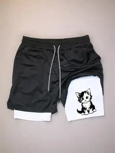 Cat Print Casual Summer Shorts, Fitted Multi-Pocket Design Funny Sports Shorts, Moderate Fabric Thickness, Perfect for Sports & Daily Wear
