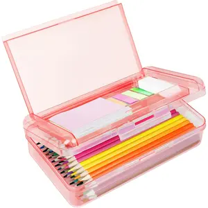 Plastic Pencil Box, Large Capacity Pencil Case, Pencil Boxes Double Layer for  Adults,Colored Pencil Case,Hard Crayon Box Storage with Snap-Tight Lid for School Office Supplies(Light )