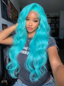 Mint Blue Body Wave Wig Lace Front Wig Synthetic Lace Wigs 13x4 Lace Frontal Synthetic Wig Pre-Plucked Natural Hairline HD Transparent Lace Wig Heat-Resistant Fiber Concert Look Wavy Wig for Women Parties Cosplay Stage 28 Inches, Natural Looking Wig