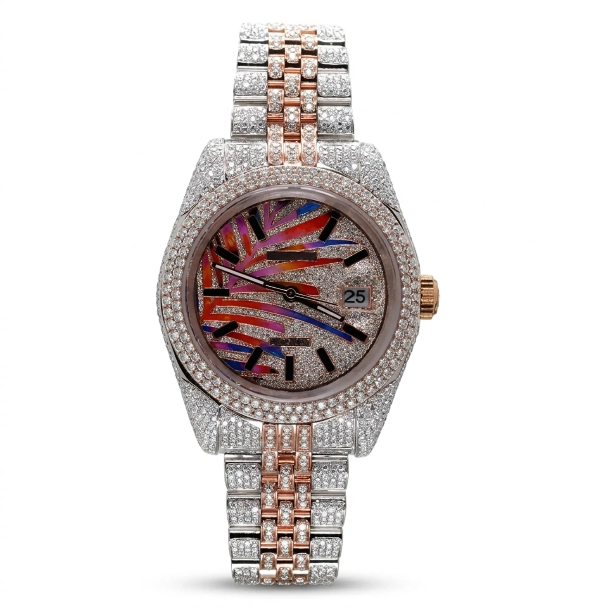 Luxury Iced-Out 2-Tone Silver & Rose Gold Quartz Wristwatch for Men-Women, 16.05 CT Pave Moissanite Statement Watch with Clear Stone Pave Bezel, Multicolor Dial & Diamond-Look Bracelet