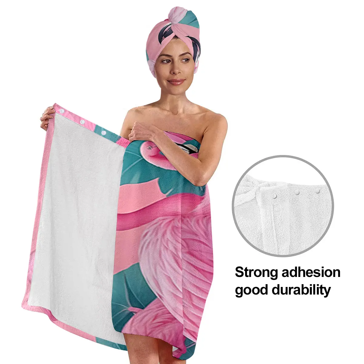 Flamingo print dry hair cap and bath skirt set, a tropical vacation style bathroom fashion item, made of 100% polyester, suitable for women, perfect for absorbing water after bathing, spa, and pool use. A vacation essential and a luxurious gift.