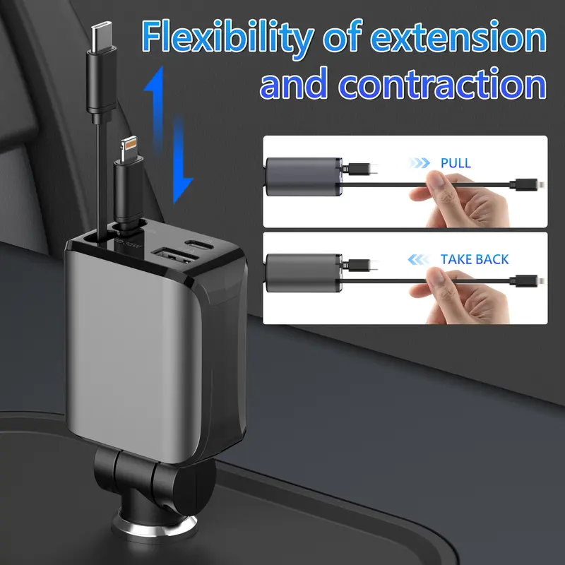 Product Introduction of 4-in-1 Retractable Car Charger, 100W USB-C Fast Adapter with Lightning Cable & Dual Ports for iPhone, iPad, AirPods, Samsung, Google Pixel 12