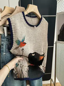 Women's Casual Loose-Fitting Round Neck Sleeveless Knit Top, Autumn Winter Fashion, Cute Cat Print, Color Block Edge