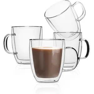 BTT- Double Wlled Glss Coffee Mugs, 16 oz, Set of 4, Glss Coffee Cups with Hndle, Insulted Cler Coffee Mug for Hot nd Cold Beverges, Cppuccino, Ltte, Te, mericno, Microwve Sfe