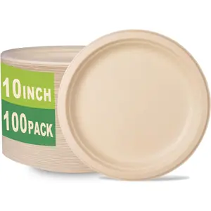 100 Count 10" Heavy-duty Compostable Plates, Unbleached Biodegradable Bagasse and  fiber Paper Plates