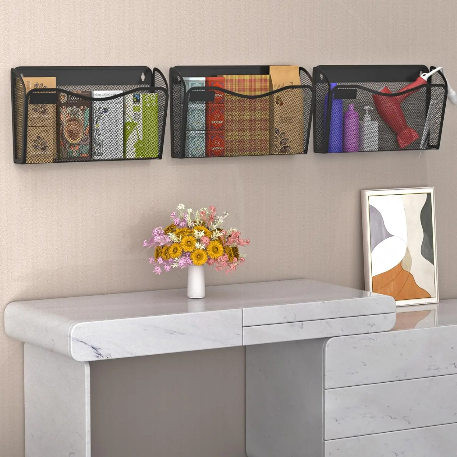 Mesh Wall File Organizer - 6 Compartments, 13.4x3.9" Multi-Function Vertical Document & Magazine Holder, Hanging Newspaper Basket for Home Office Space Saving, Document Holders