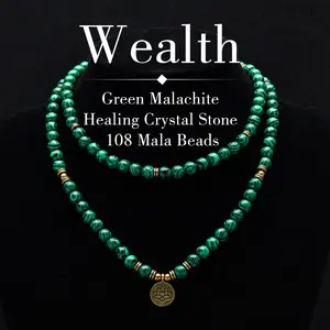 8mm Green Malachite Healing Crystal Stone 108 Mala Beads Money Attraction Necklace Long Beaded Wrap Bracelets Genuine Gemstone Mala Prayer Beads Lotus Buddha Charm Yoga Meditation Necklace Jewelry Necklace for Ideal Gift ,  Lotus Pendant,  Long Chain