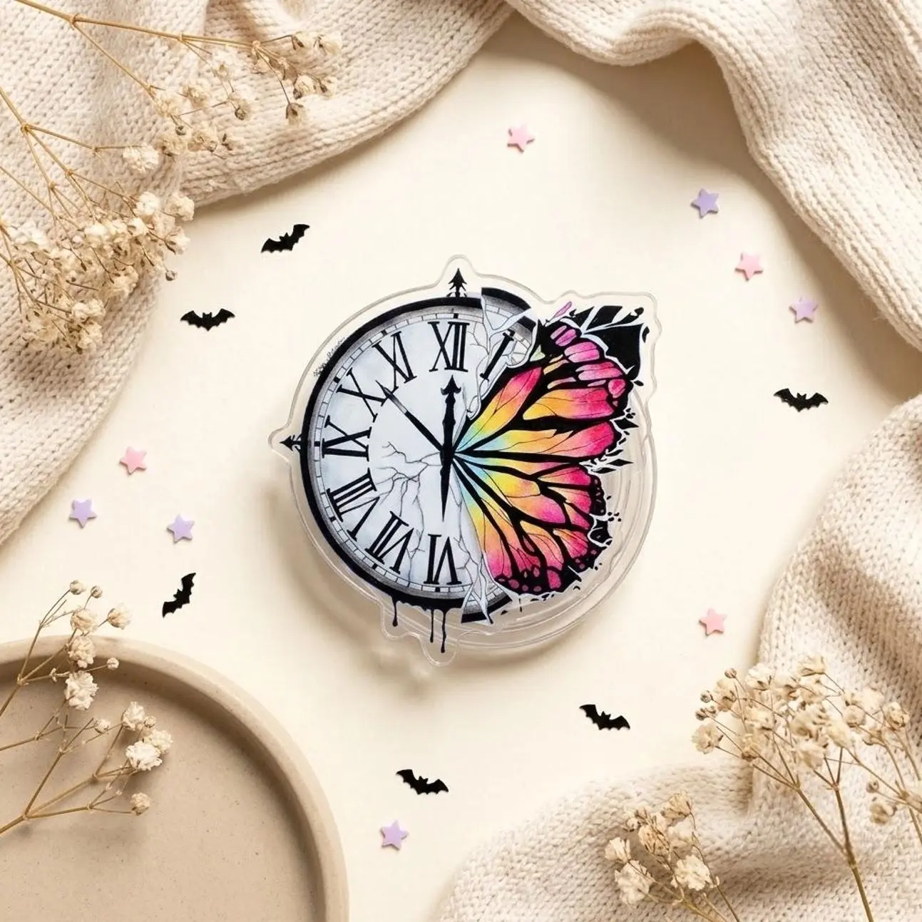 Acrylic Butterfly Clock Phone Grip, Aesthetic Collapsible Phone Holder Stand, Vintage Gothic Phone Accessory, Butterfly Wing Design
