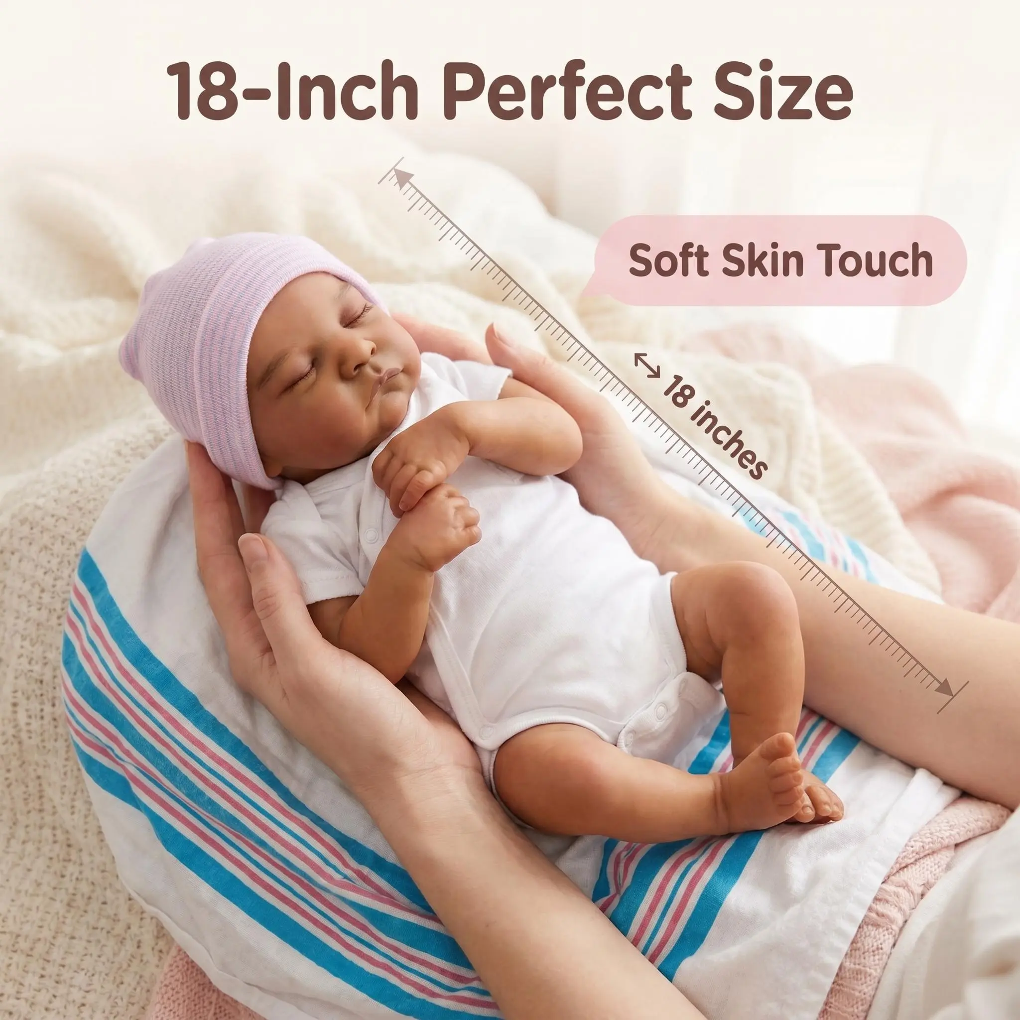 Lucky Reborn Realistic Doll - 19in Unisex Brown Skin Doll with Soft Cloth Body, Handmade Painted Hair, Feeding Accessories for Kids 3+ (Kids Learning, Role Play, House Decoration)