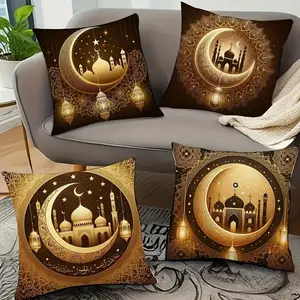 4 Piece Set Pattern Eid Festival Decorative Pillow Covers 45x45cm Soft Short Velvet with Hidden Zipper, Ideal for Sofa Bed Indoor Outdoor Bedroom Decorative Accessories