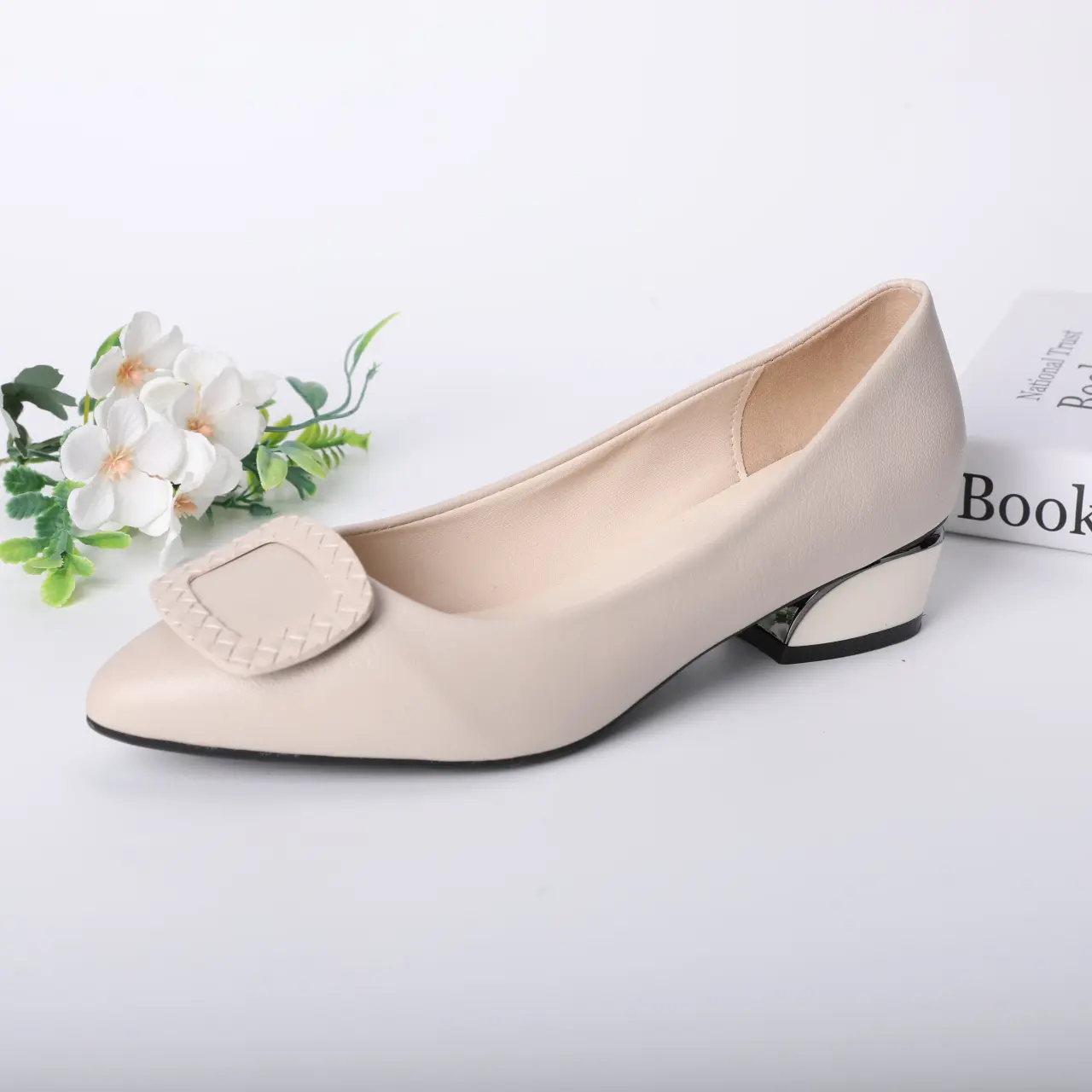 Women's Classic Pointed Toe Pumps with a Sequin Low Block Heel, Elegant PU Leather Slip-On Comfortable Heels with Square Buckle for Work