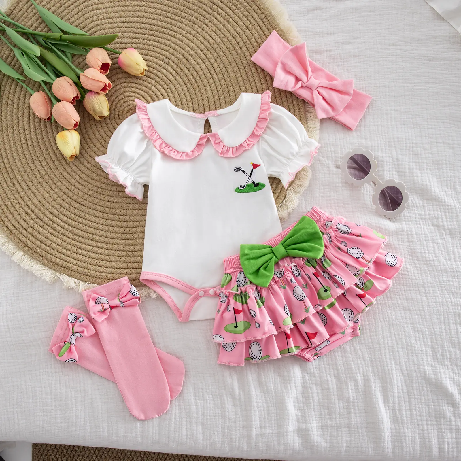 Baby Girl Golf Outfit Newborn Short Sleeve Onesie Hole In One Romper Skirt Shorts Set Summer Clothes With Socks