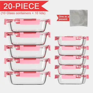 Set of 10 High-Quality Borosilicate Glass Containers for Meal Preparation, Featuring Steam Vents And Airtight Lids, Ideal for Storing Food at Home, in The Kitchen, Or for Office Lunches with Portion Control clear Pink storage container portable box