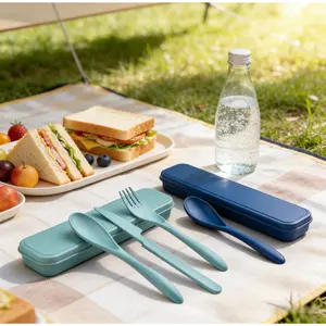Dine eco-friendly on the go with these 2 reusable utensil sets!Made of durable wheat straw, each portable set includes fork, knife, spoon and a protective case.Compact and lightweight, perfect for school, work, lunch boxes