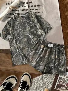 Women's Comfortable Casual Camo Print Loose Short Sleeve T-Shirt & Elastic Waist Shorts Set, Versatile Two-Piece for All Seasons